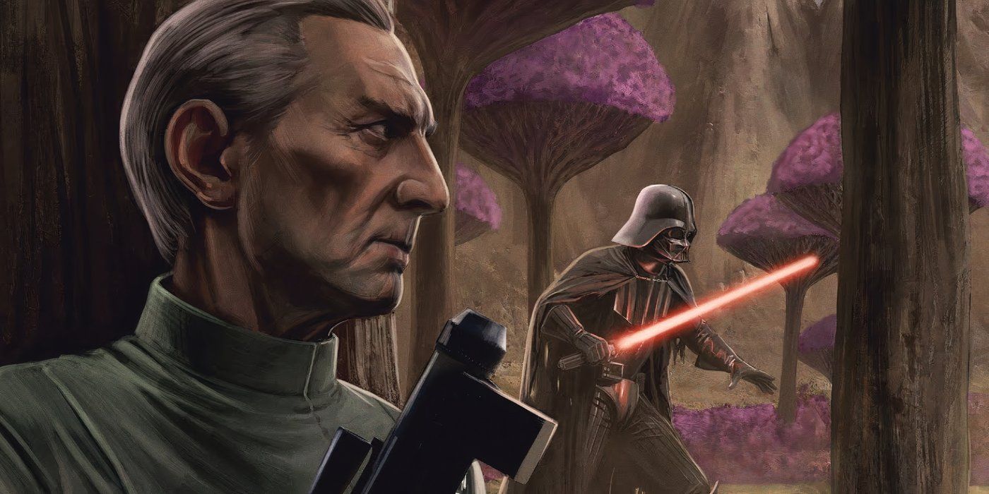 Grand Moff Tarkin hunts Darth Vader in the forest.