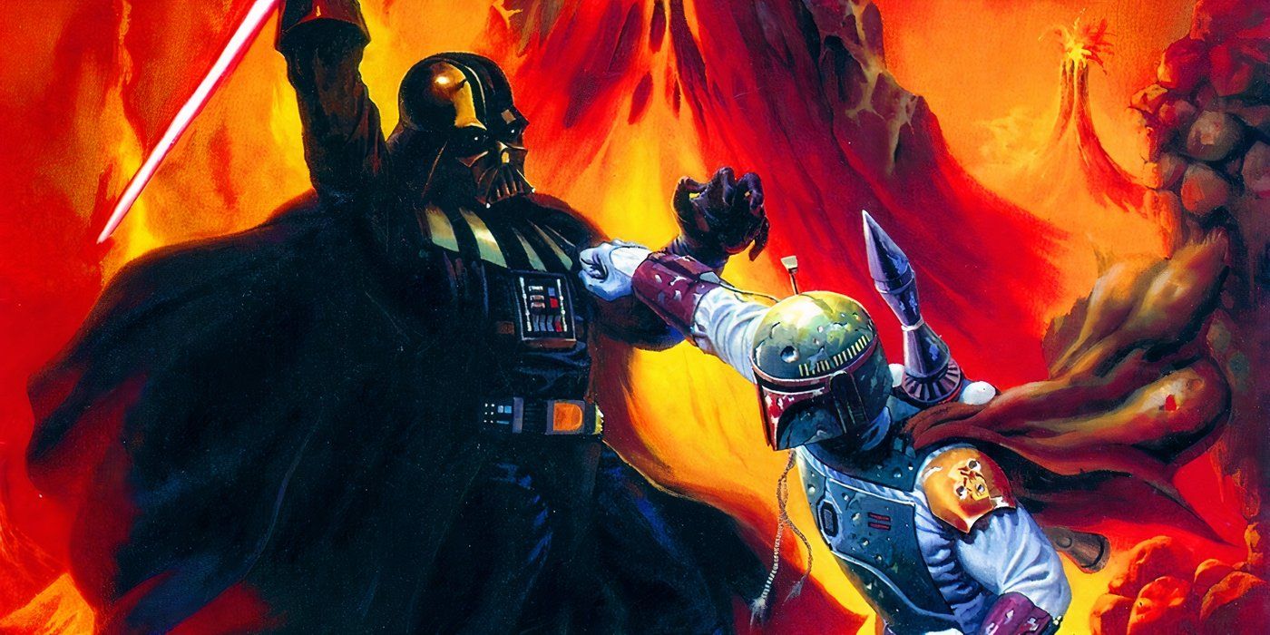 Darth Vader fights Boba Fett on a lava planet.