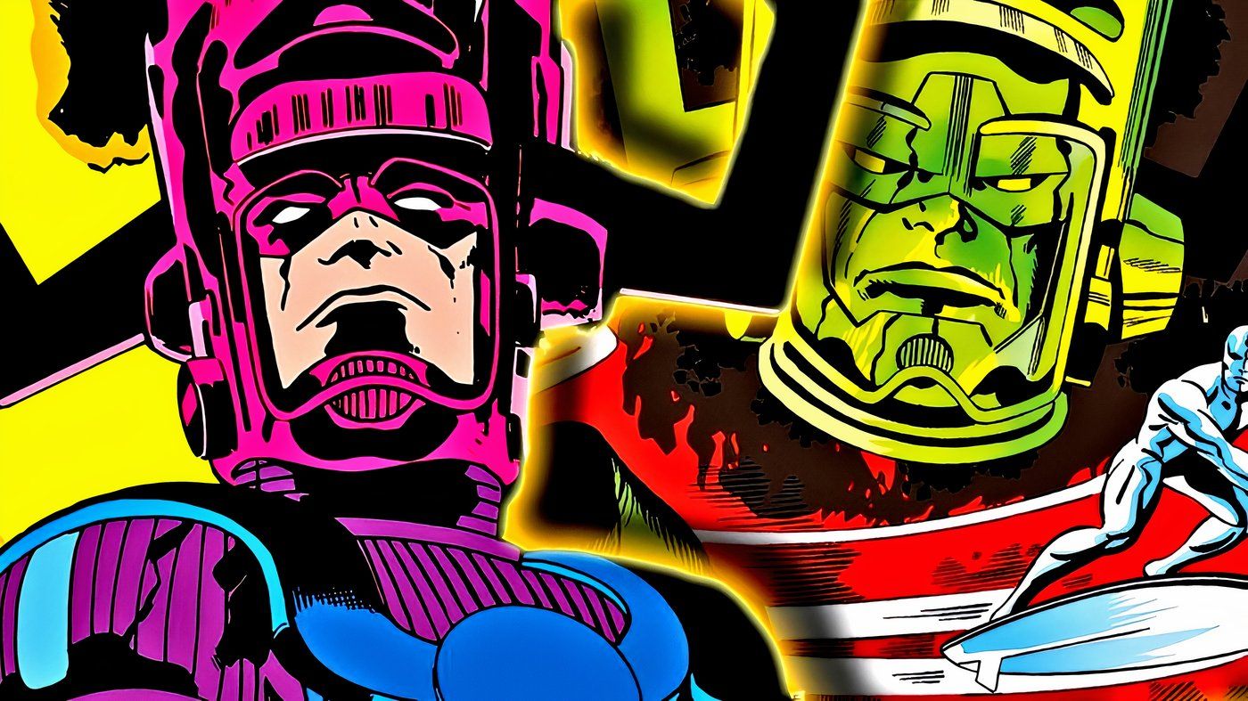 Galactus with the original version of him and the Silver Surfer behind him.