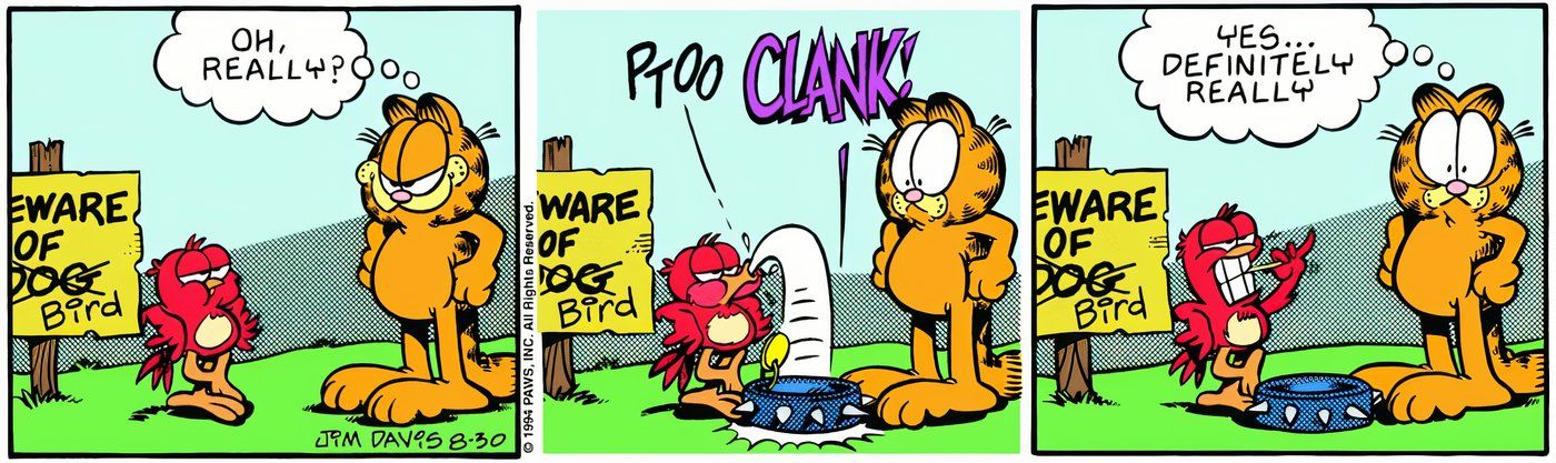 Garfield scared of a bird that spit out a dog collar.