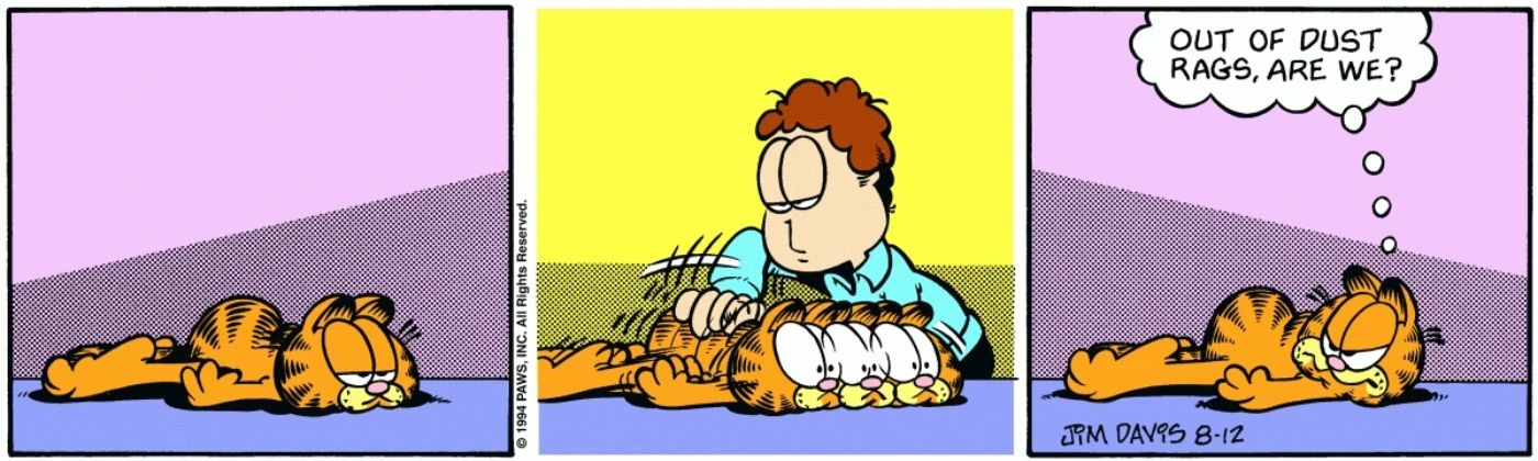 Jon using Garfield as a dust rag.