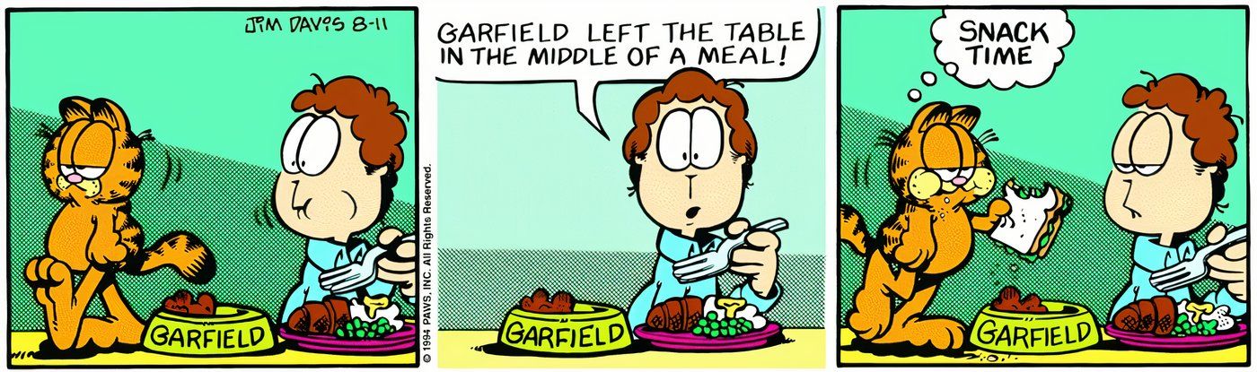 Garfield taking a break from lunch to grab a sandwich.