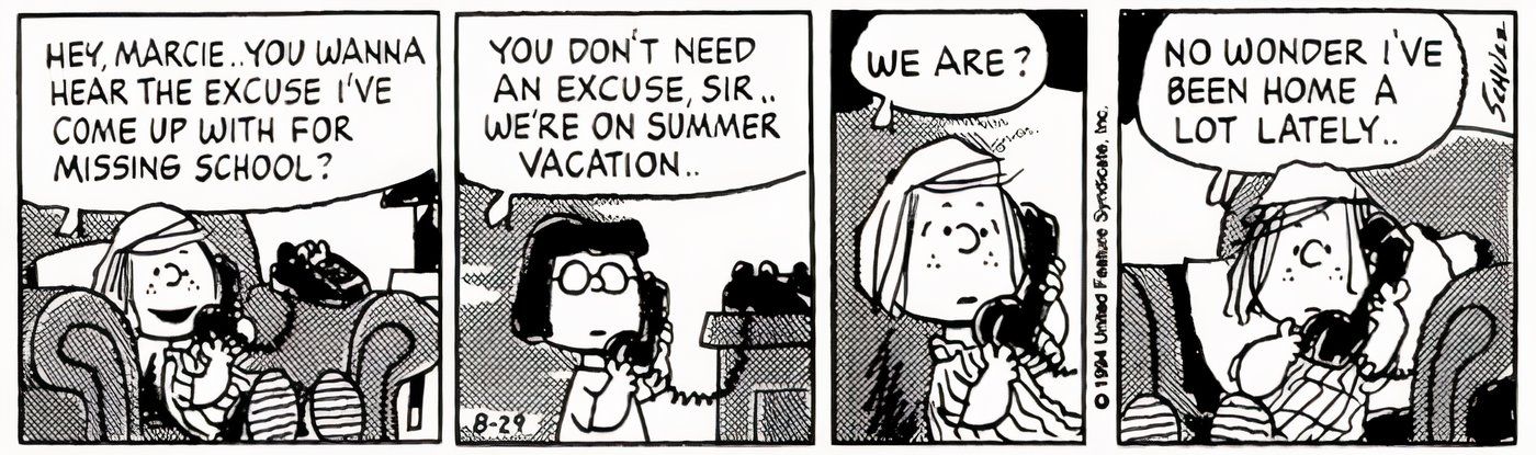 Peppermint Patty talks to Marcie about skipping school on the phone. 