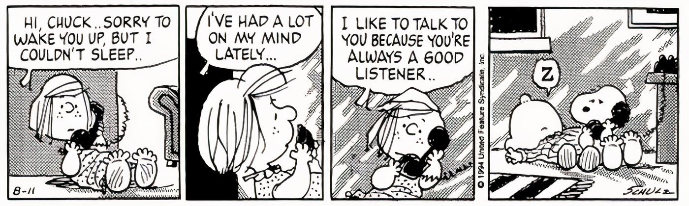 Peppermint Patti calls Charlie Brown, but Snoopy answers. 