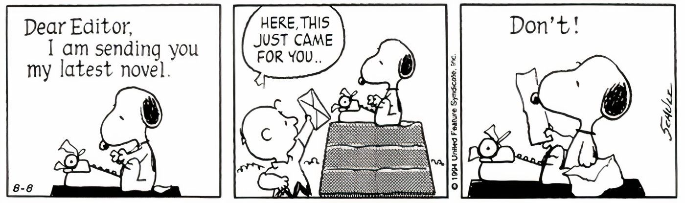 Snoopy recebe uma carta de rejeição de um editor. 