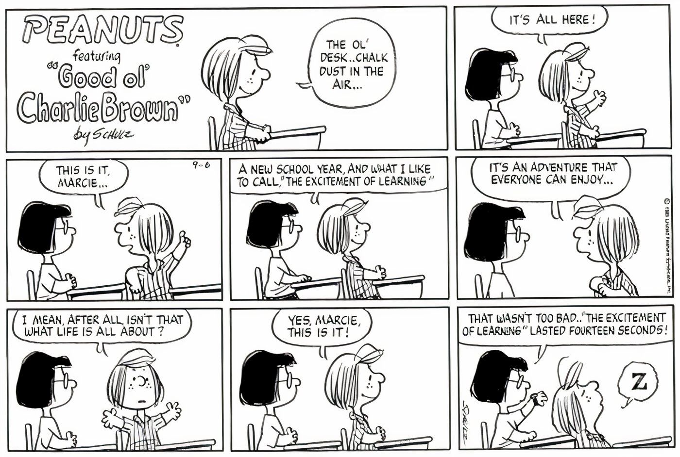 Peanuts' Peppermint Patty adormecendo na aula. 