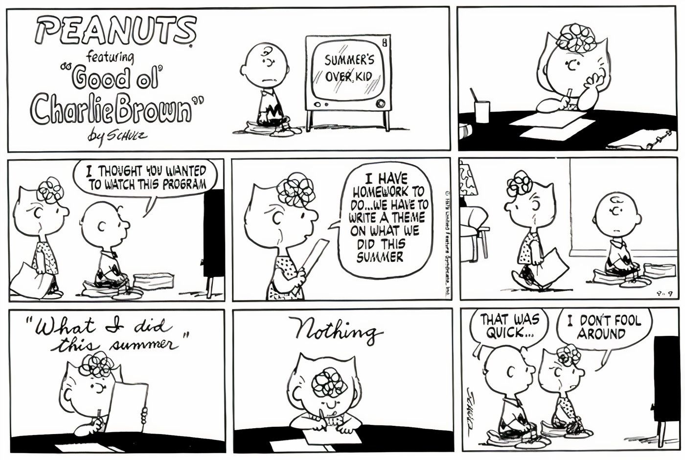 Sally do Peanuts escrevendo uma redação sobre o primeiro dia de aula. 