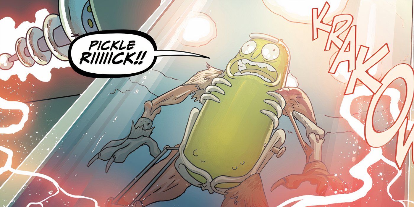 Pickle Rick de Rick y Morty encerrado en un frasco, rebosante de poder.