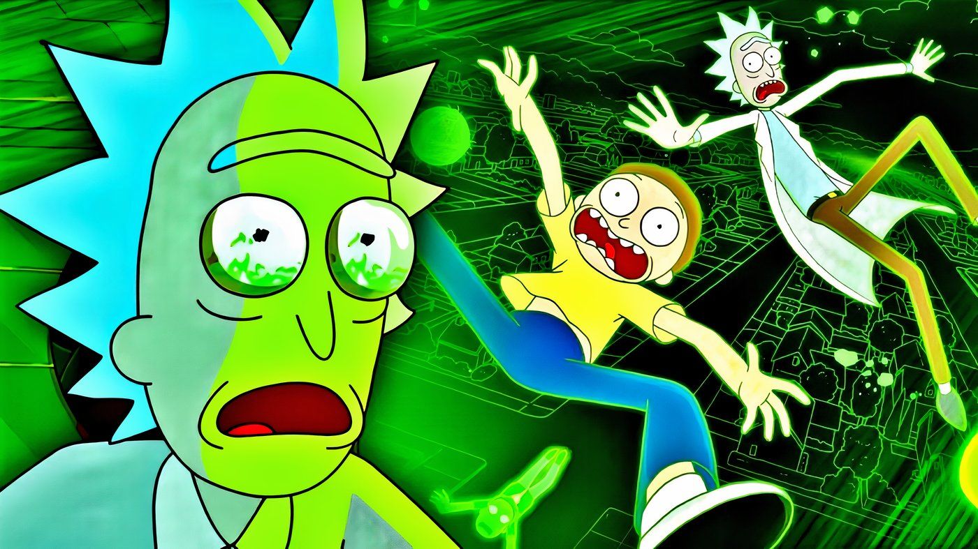 Rick and Morty falling through virtual space while another Rick watches in horror.