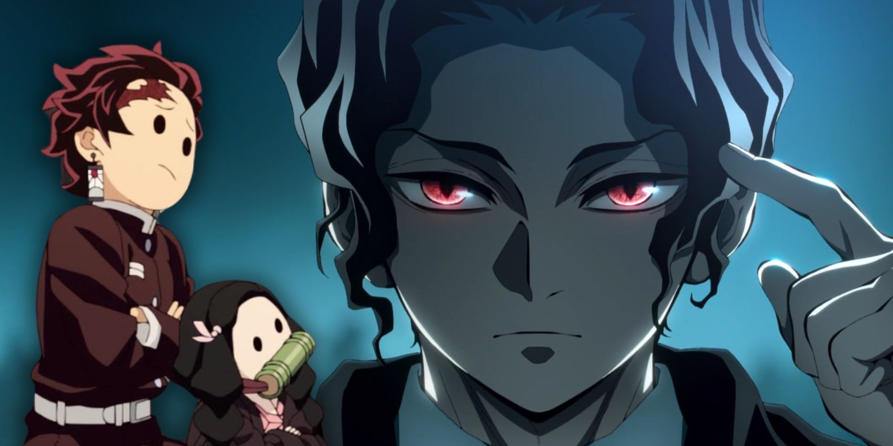 Muzan is pointing at his forehead with Nezuko and Tanjiro oddly looking at him in a collage-type image.