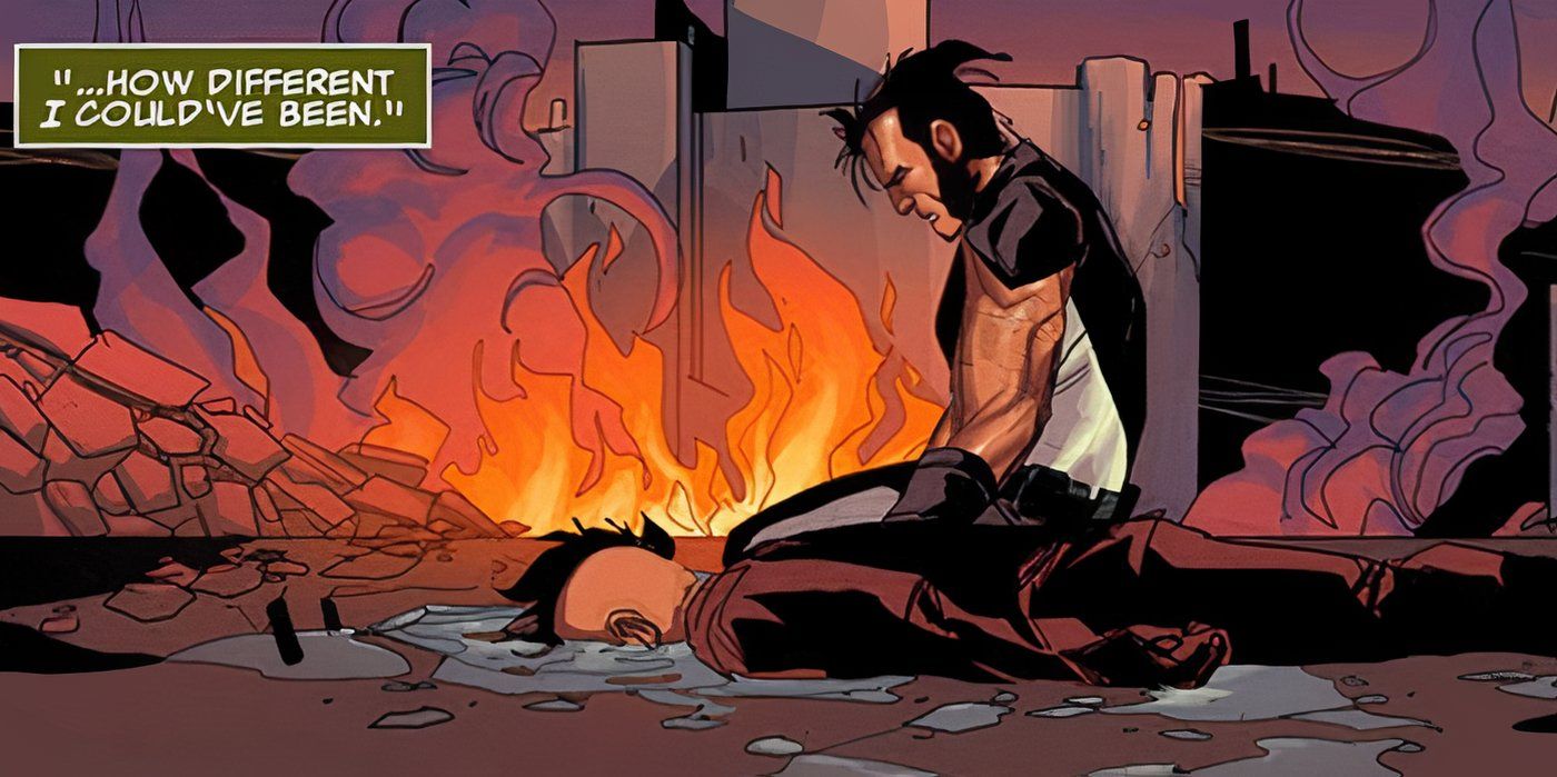 Wolverine ajoelhado sobre o cadáver de seu filho, Daken.