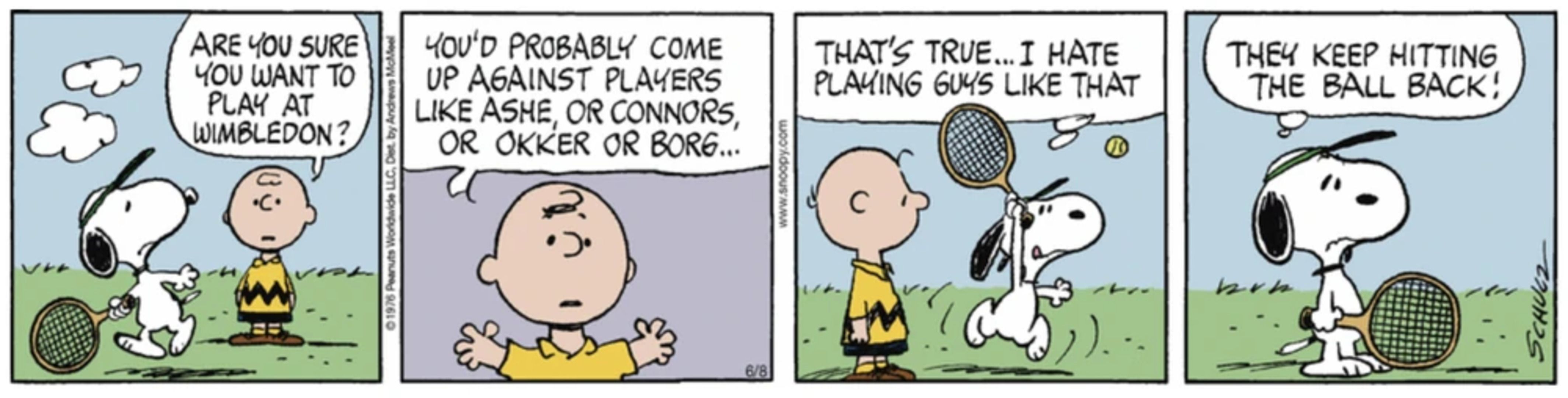 Charlie Brown conversando com Snoopy sobre Wimbledon.