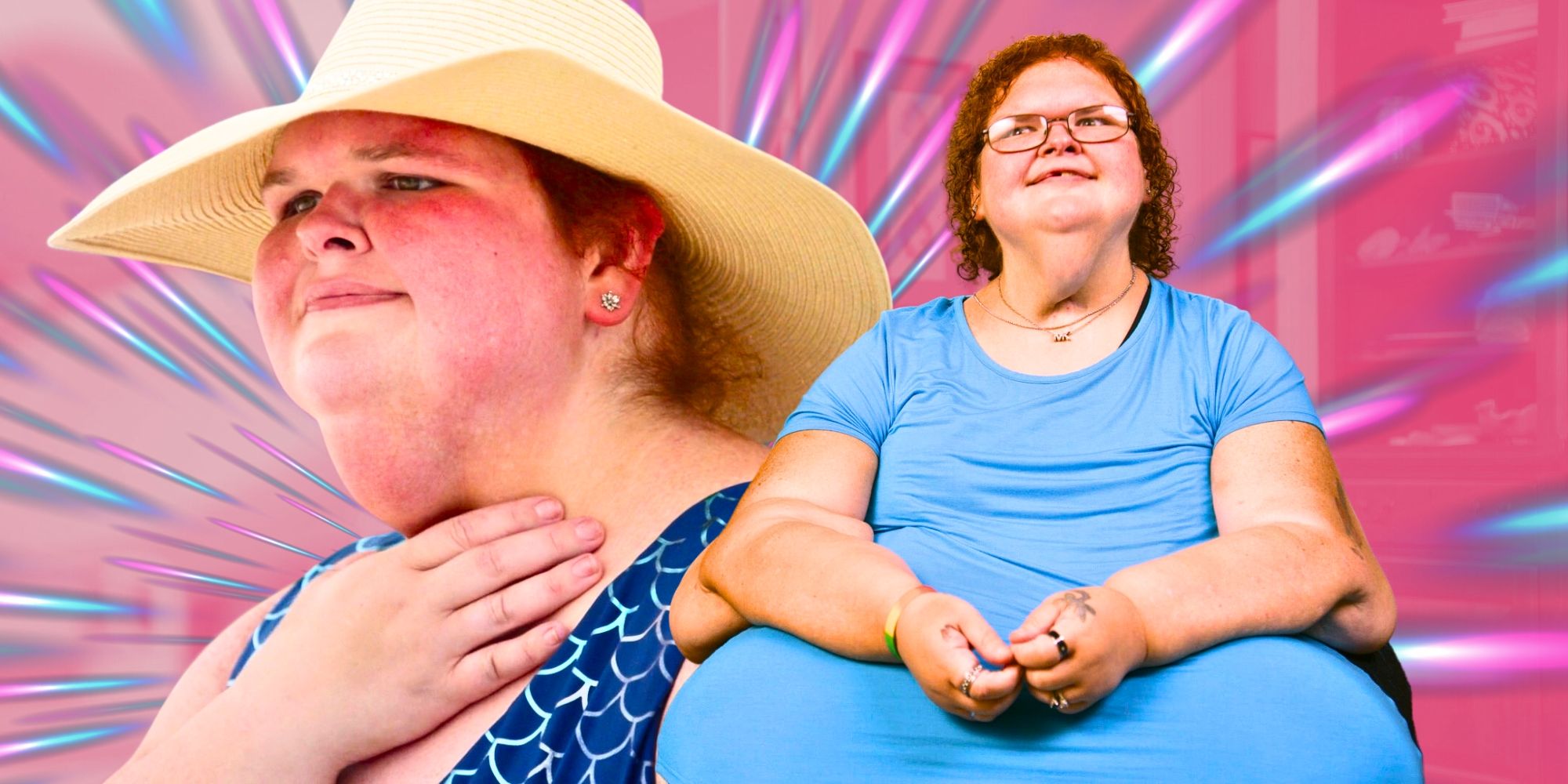 1000-lb Sisters Tammy Slaton in side by side images from an interview in blue dress and in swimsuit