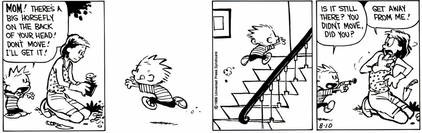 Calvin sort son pistolet à eau pour tuer un insecte qui a atterri sur sa mère.