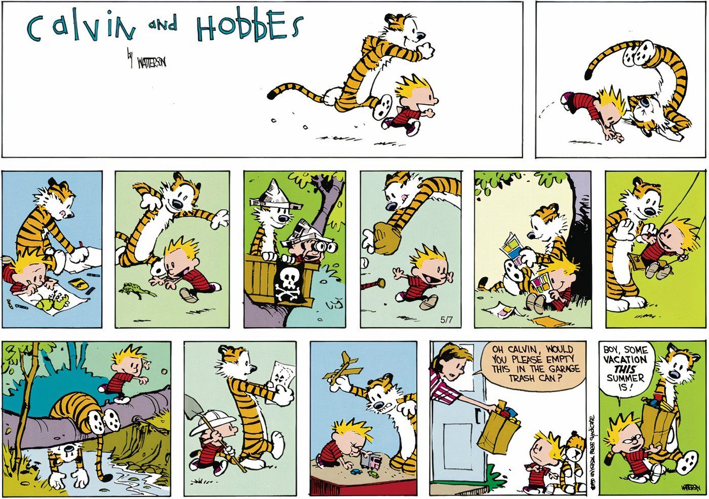 Calvin and Hobbes' summer getting 'ruined' because Calvin has to take out the trash.