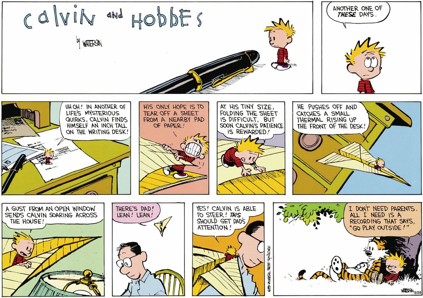 Calvin fait semblant de mesurer un pouce de haut en conduisant un avion en papier vers son père.