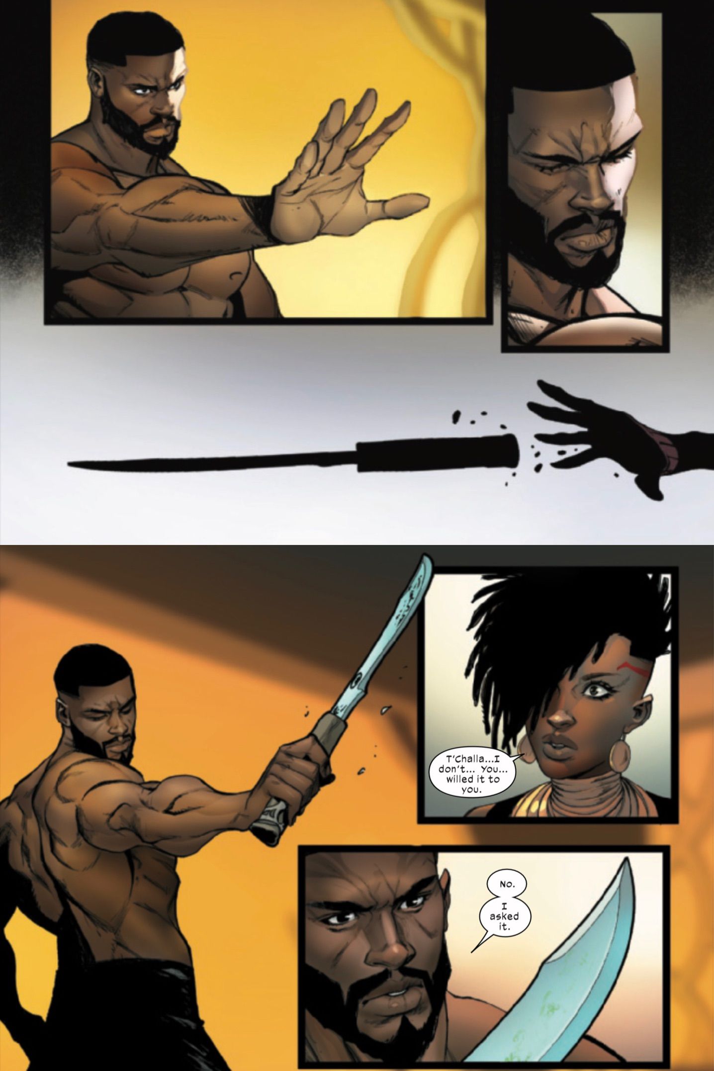 Ultimate Black Panther #8 de Hill y Caselli: T'Challa desbloquea un nuevo poder de control del vibranium al invocar una espada.