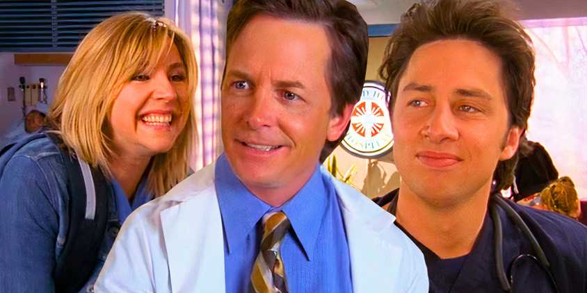 Custom Scrubs Image of Sarah Chalke as Elliot Reid, Michael J. Fox as Kevin Casey and Zach Braff as John