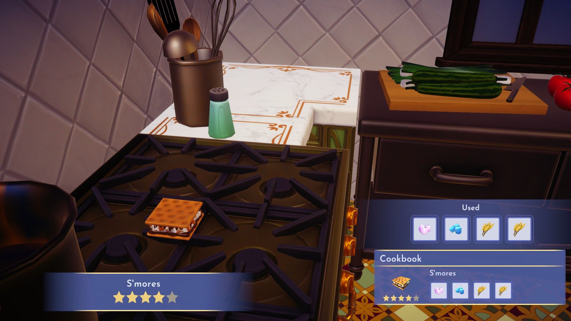 A player preparing a S'mores recipe in Disney Dreamlight Valley