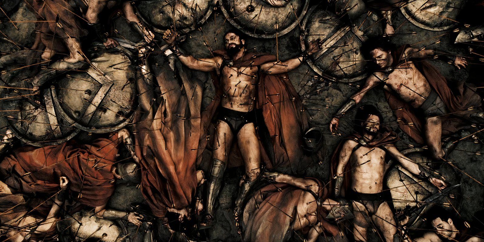 Leonidas (Gerard Butler), Stelios (Michael Fassbender) and the rest of the Spartans lie dead riddled with arrows at the end of 300