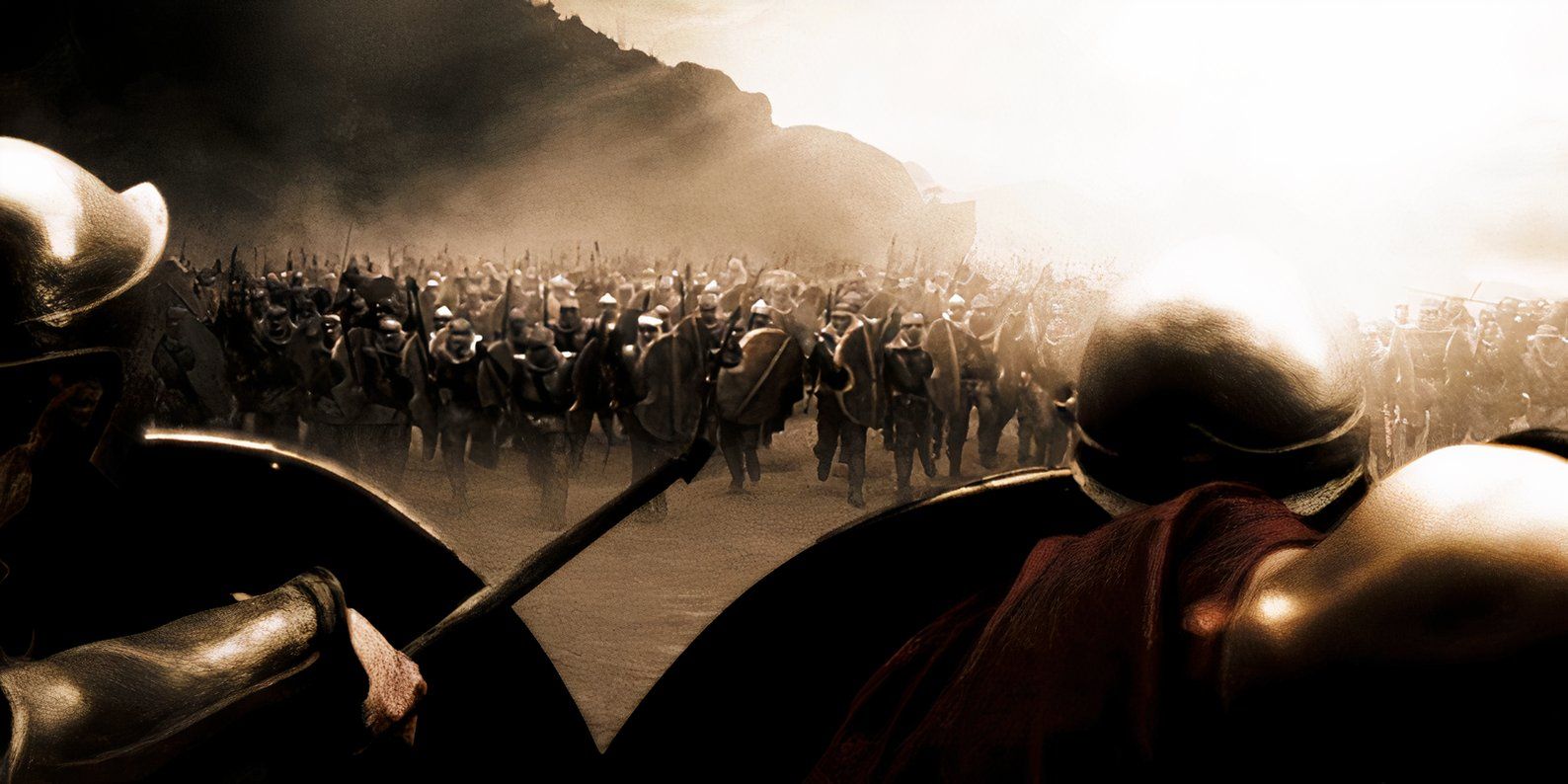 Persian troops charge a Spartan phalanx in 300