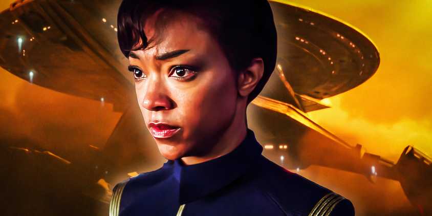Commander Michael Burnham in front of the USS Shenzhou