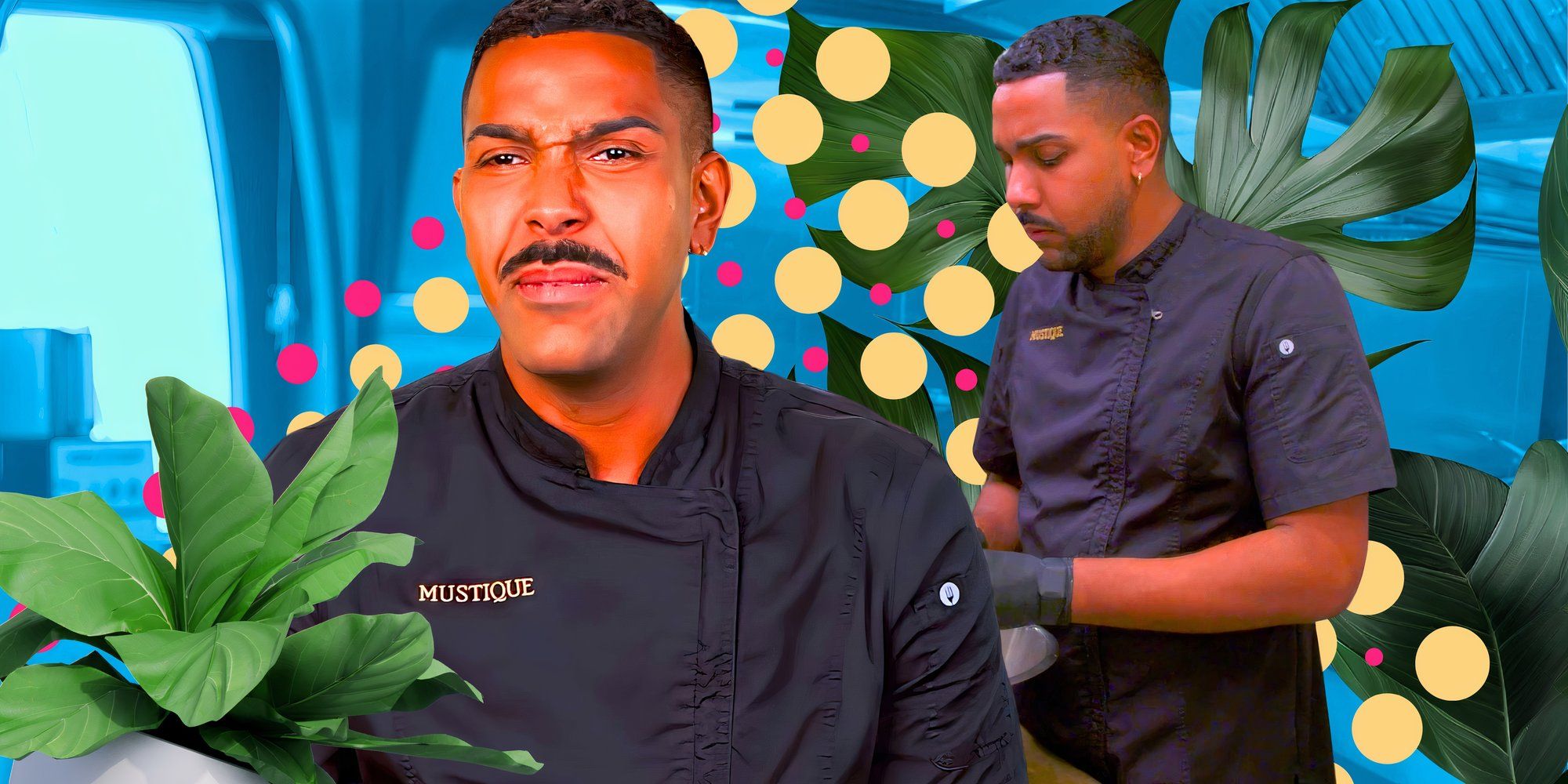  a montage of chef johnathan surrounded by plants blue filtered background