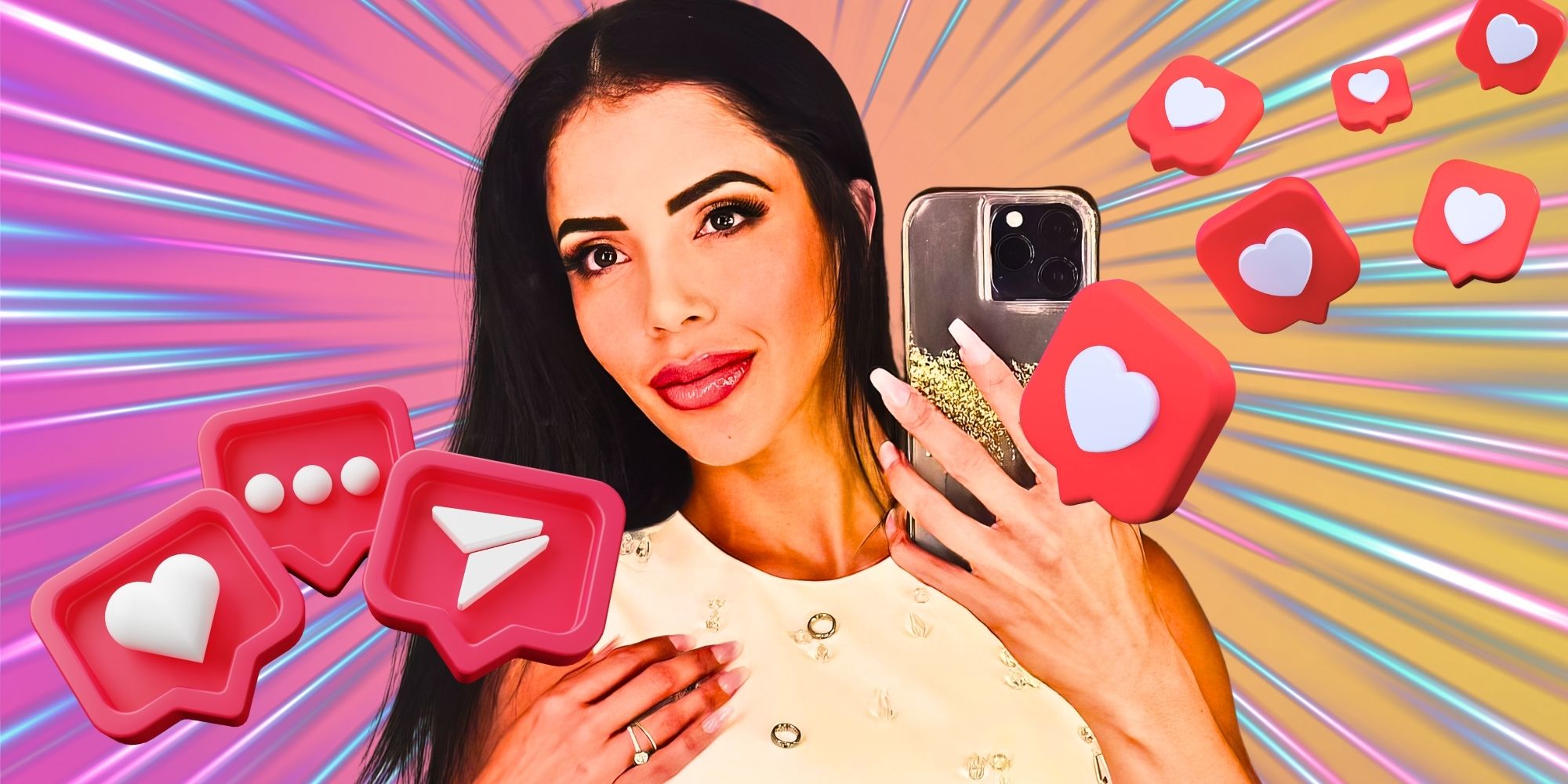 90 Day Fiancé’s Jasmine Pineda holds her phone, surrounded by social media symbols.