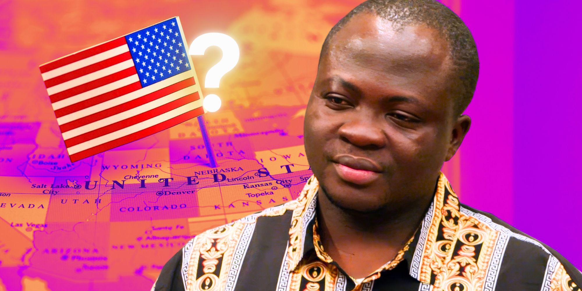 90 Day Fiancé’s Michael Ilesanmi looks smug, in front of a U.S. map and American flag.