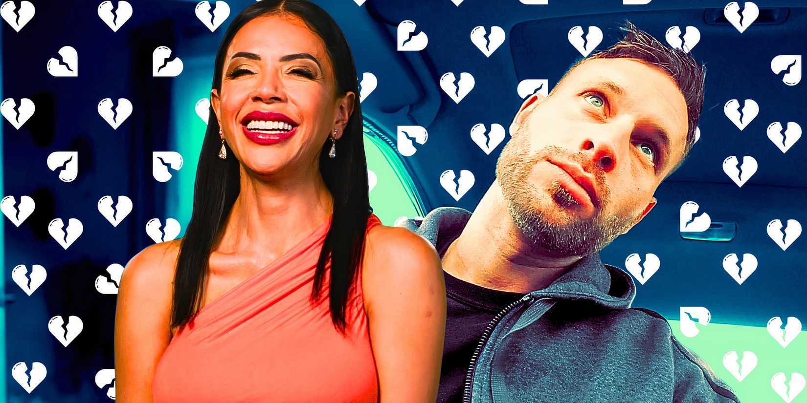  Jasmine Pineda smiling in peach dress with Matt Branis driving a car in 90 Day Fiance