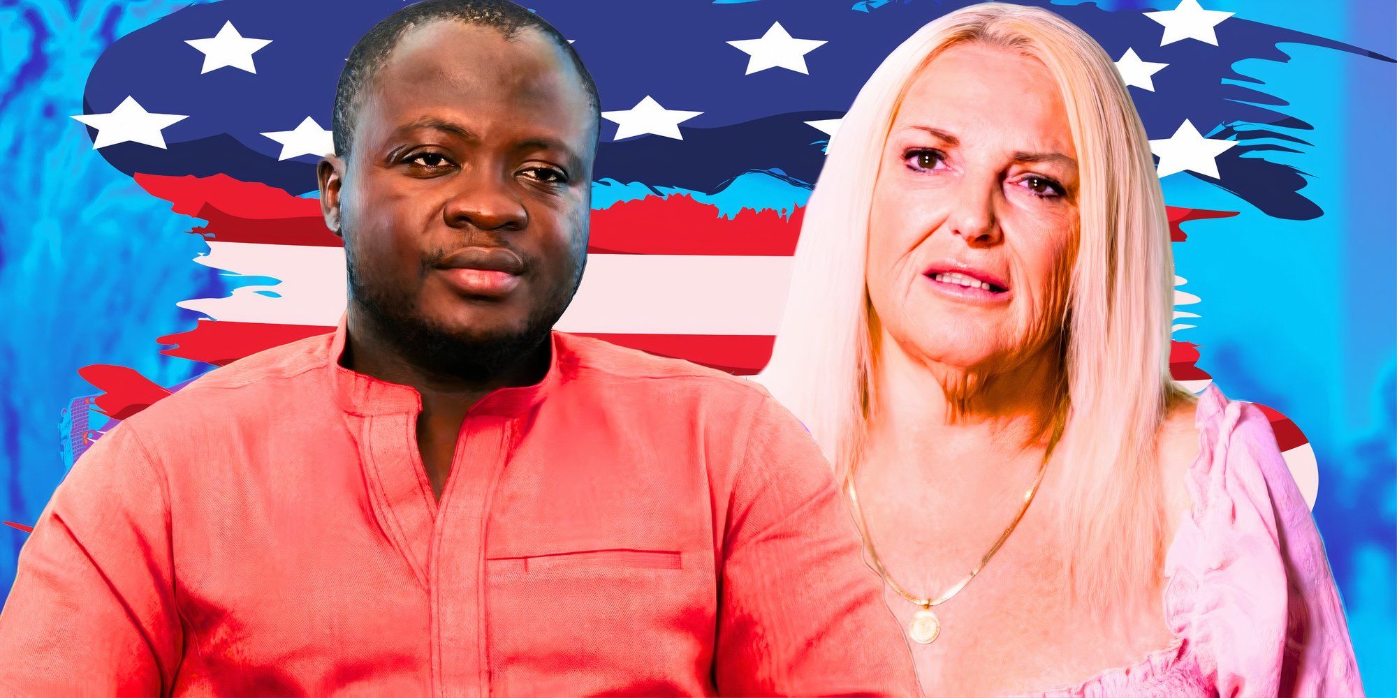 a montage of Michael and Angela from 90 day fiance with american flag background