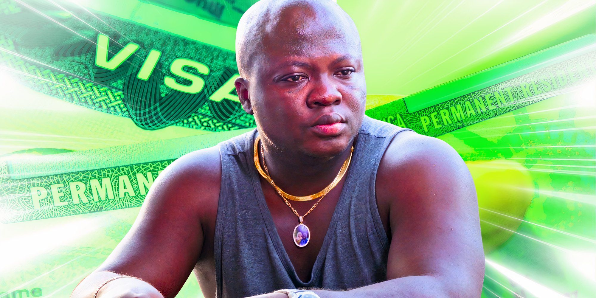 90 Day Fiancé Michael Ilesanmi in grey tank top with neon green money background