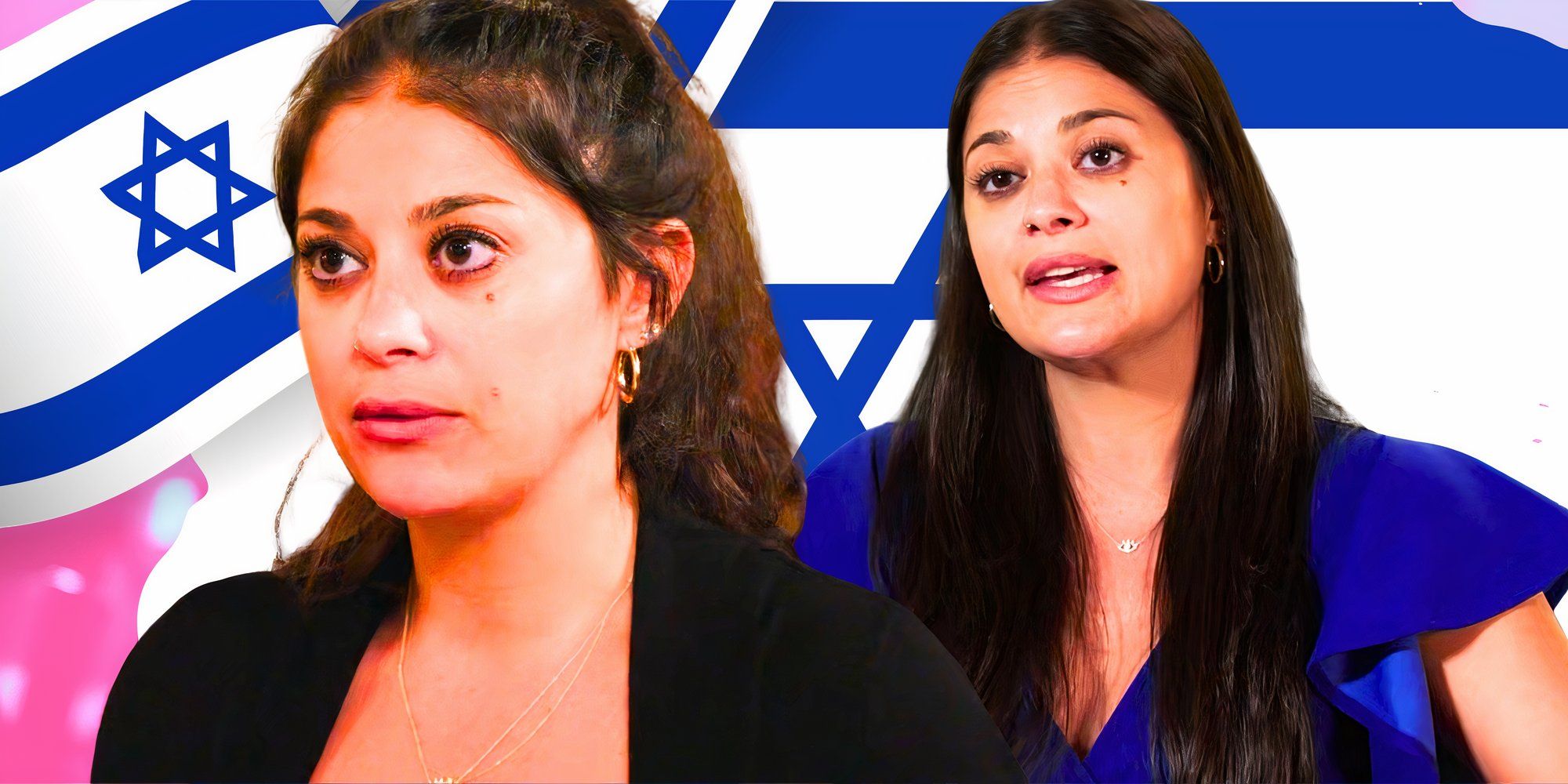 90 Day Fiancé Loren Brovarnik in blue and black tops talking against Israel flag