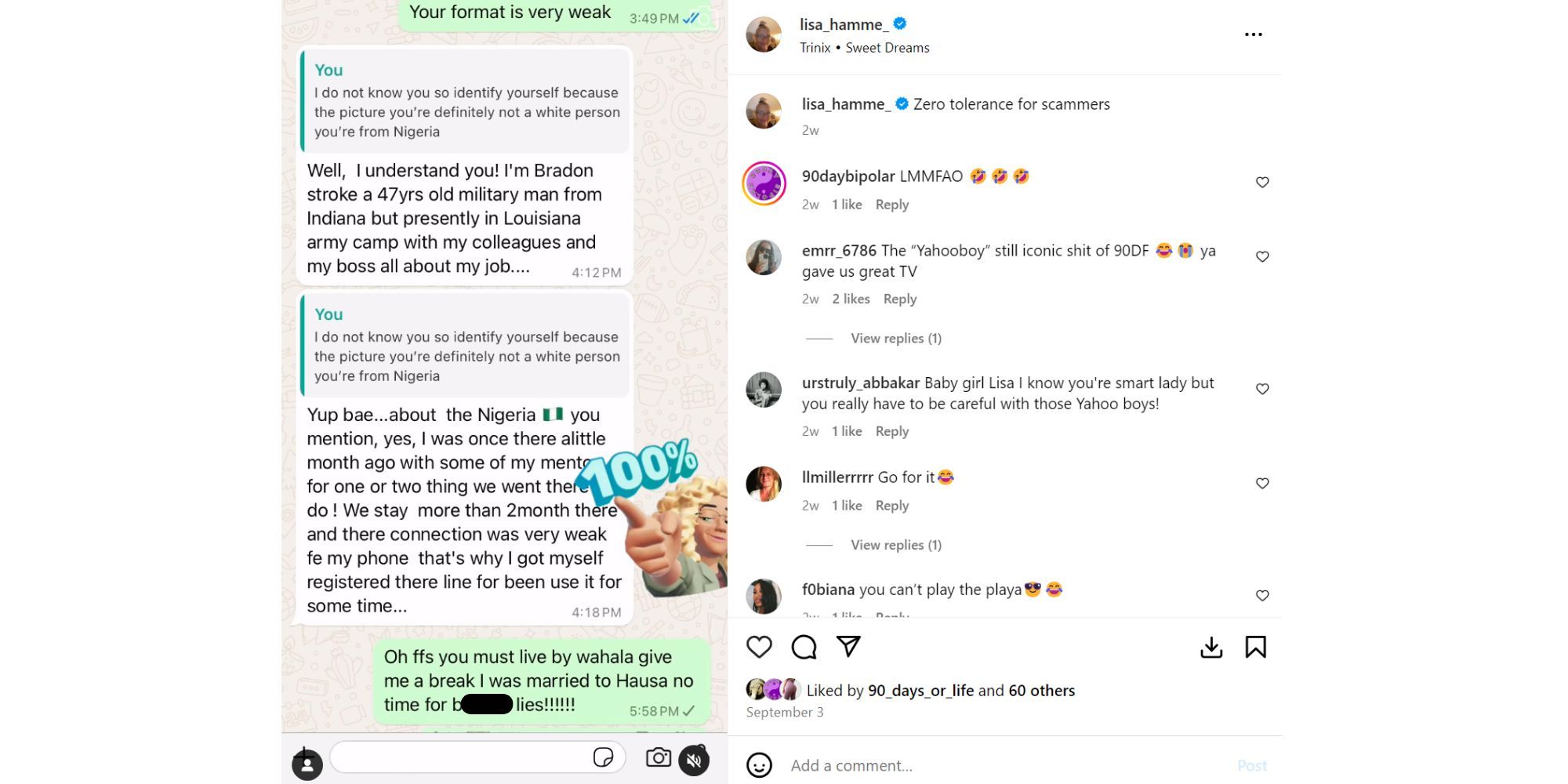 90 Day Fiance Babygirl Lisa Hamme Instagram post talking about an alleged scammer