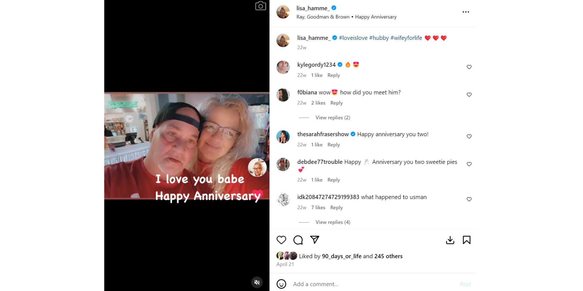 Lisa Hamme, la bebé novia de 90 días, en Instagram con su esposo Tracy