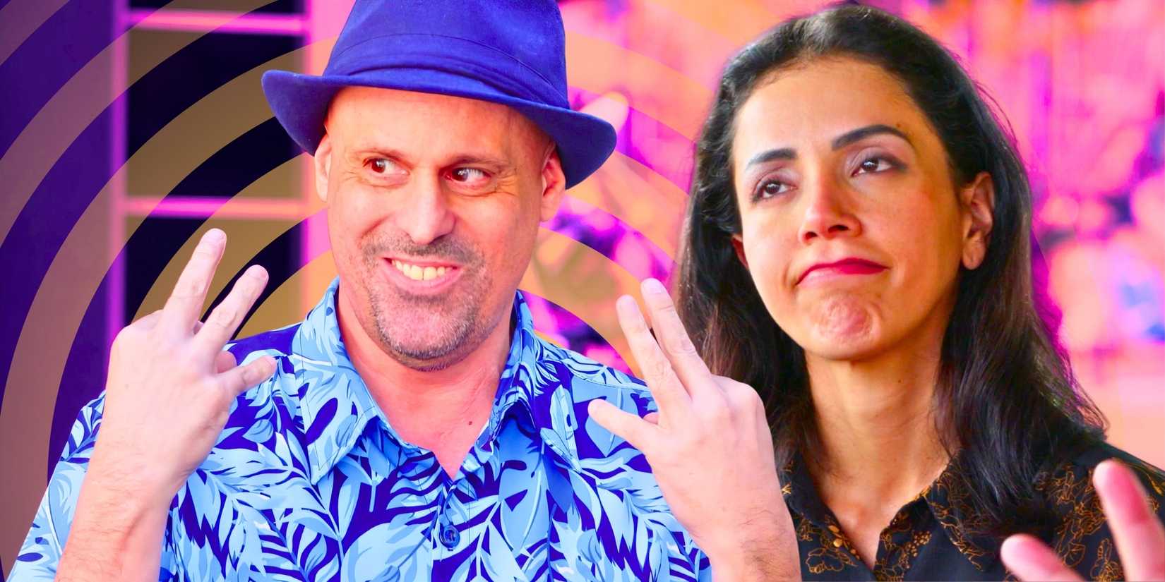 90 Day Fiance's Gino Palazzolo throwing up a hand sign next to an image of Jasmine Pineda looking upset