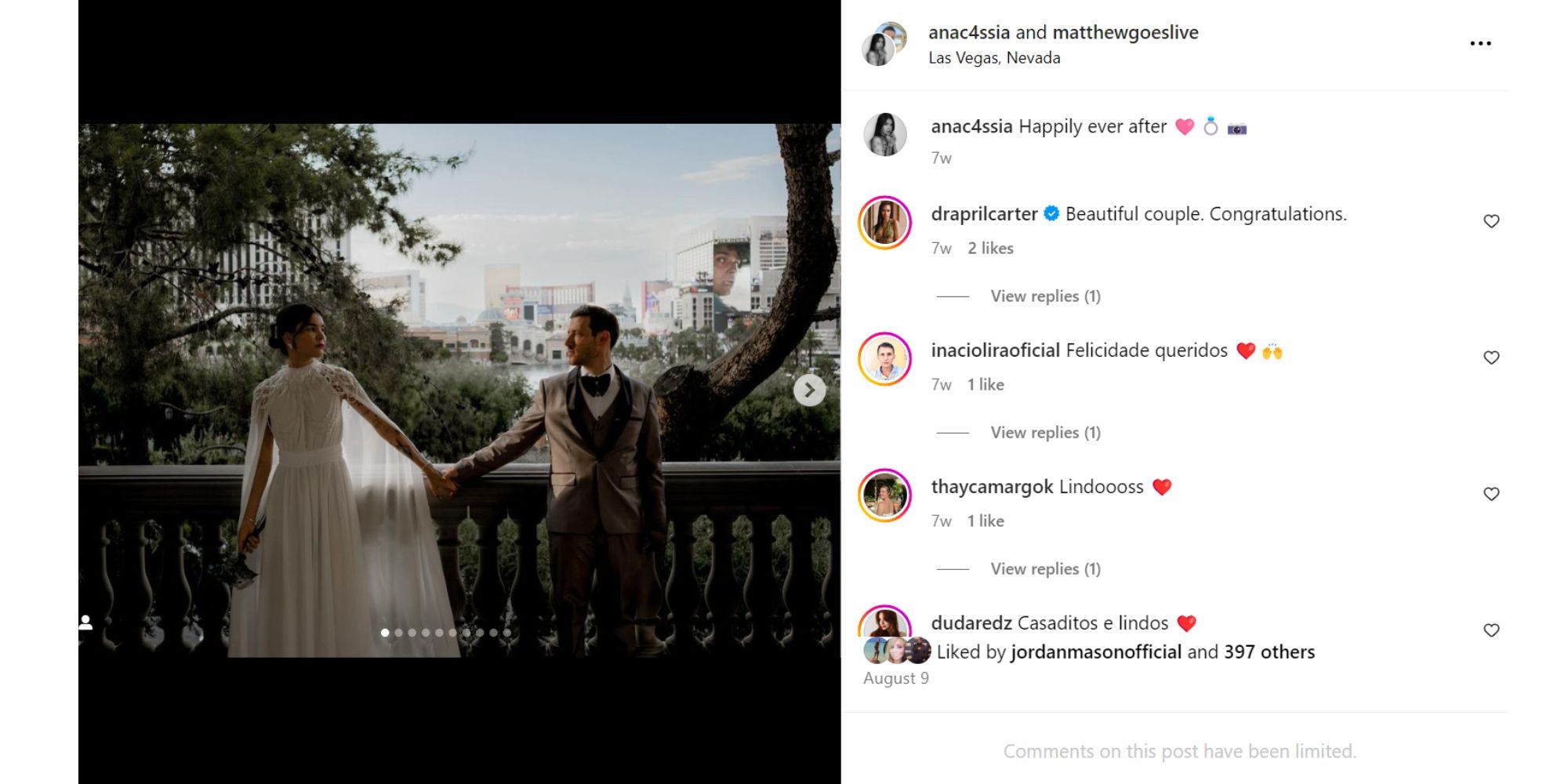 El compromiso de 90 días de Matthew y Ana en una foto de Instagram del día de su boda