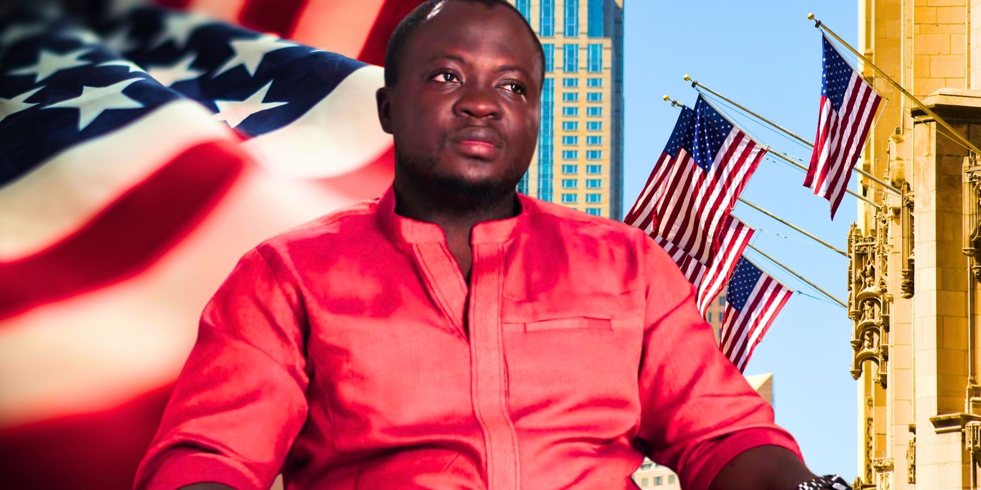 90 Day Fiance Michael Ilesanmi looking to the side with American flag background