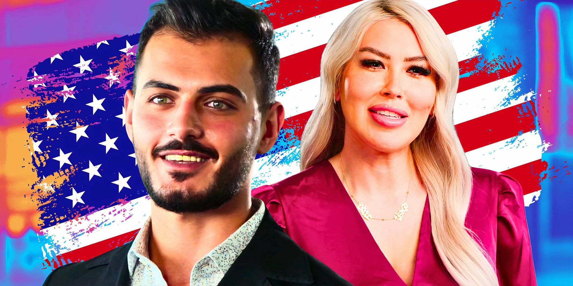 90 Day Fiance stars Adnan Abdelfattah and Tigerlily Taylor smiling in front of American flag in montage