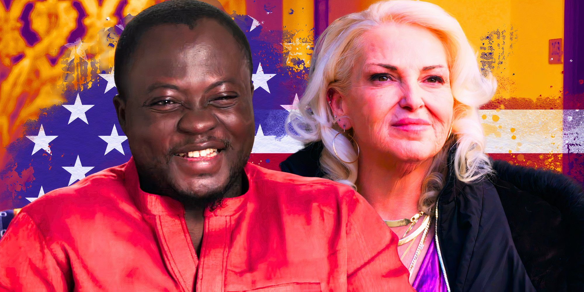  a montage of Michael Ilesanmi with American-themed background with Angela 