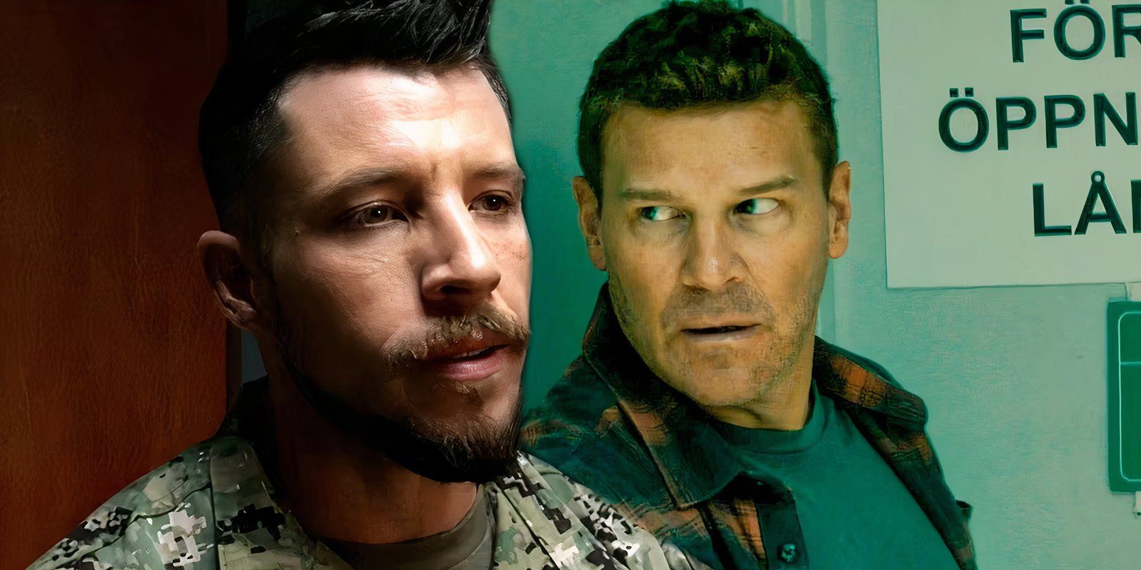 Drew looking stoic next to Jason peeking behind a wall in SEAL Team season 7