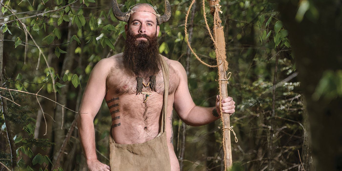 Naked and Afraid Ryan Holt with horns and staff