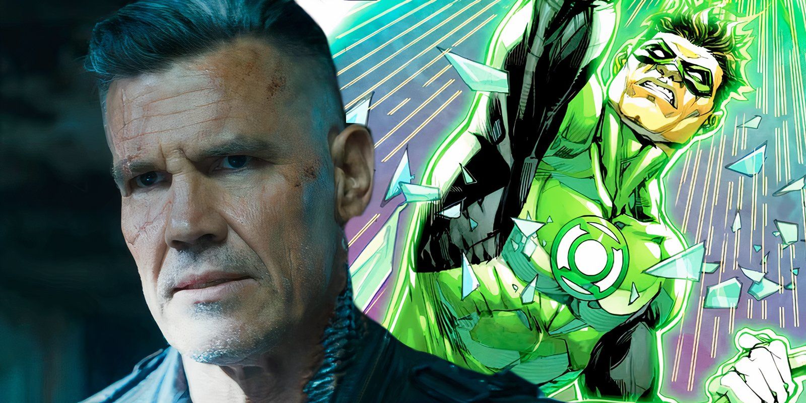 Josh Brolin speaks to Deadpool and Hal Jordan punches something as Green Lantern in DC Comics