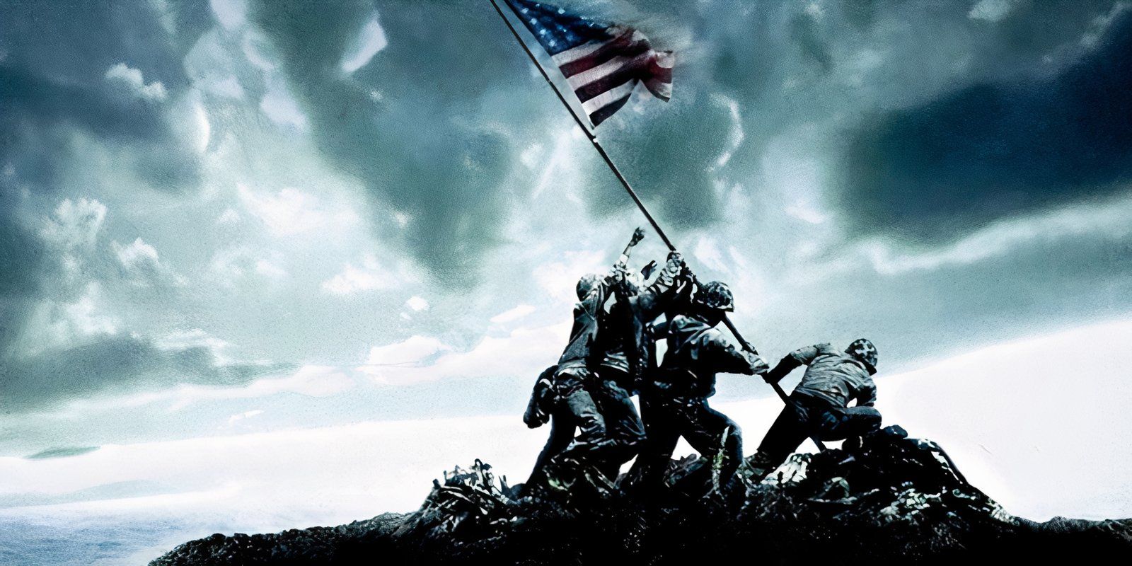 A colorized photograph of Marines raising the American flag on Mount Suribachi on Iwo Jima as featured in Flags of Our Fathers' marketing