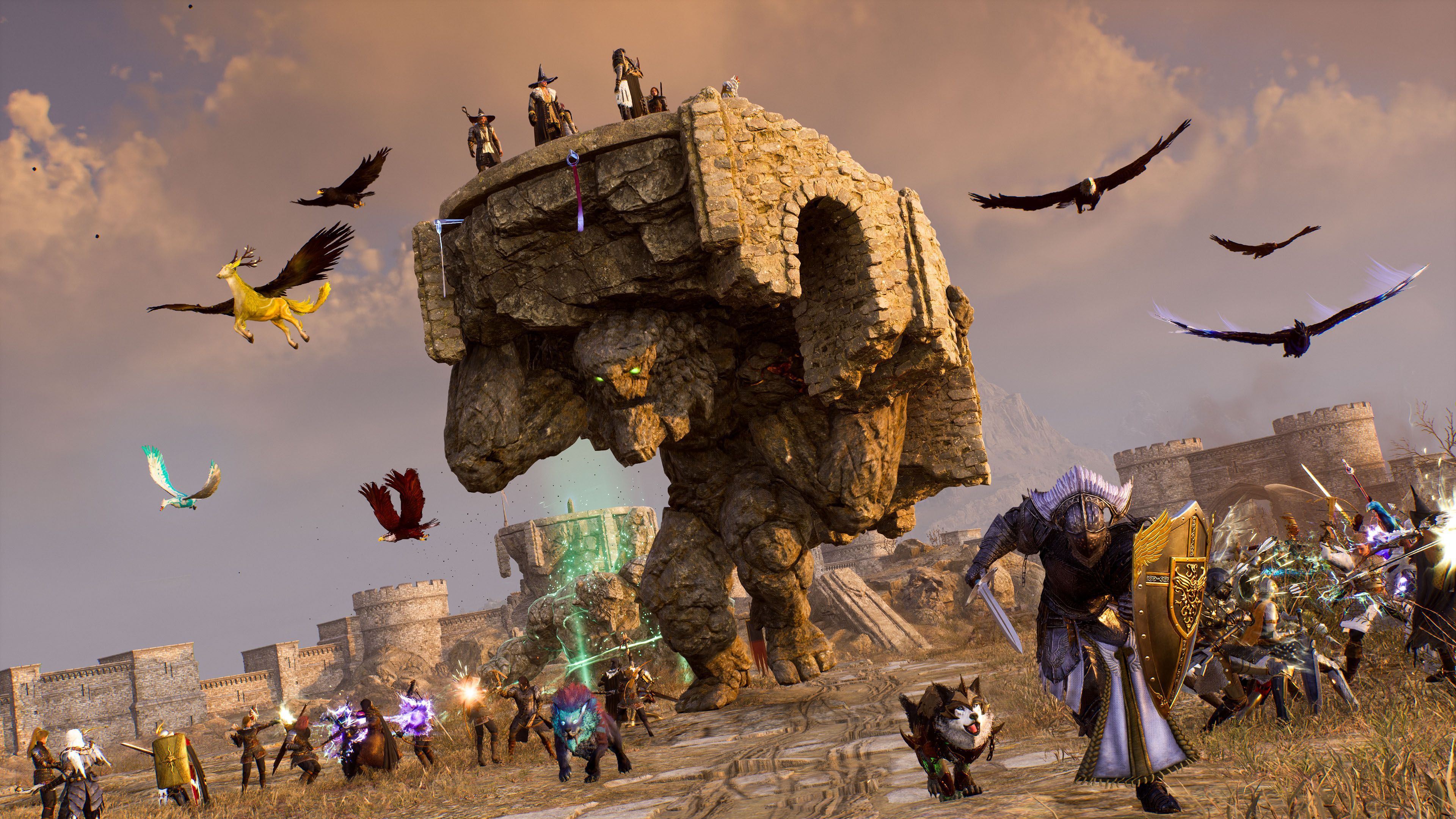 A group of player characters engaging in battle, flanked by a giant stone golem carrying a bridge in Throne and Liberty.