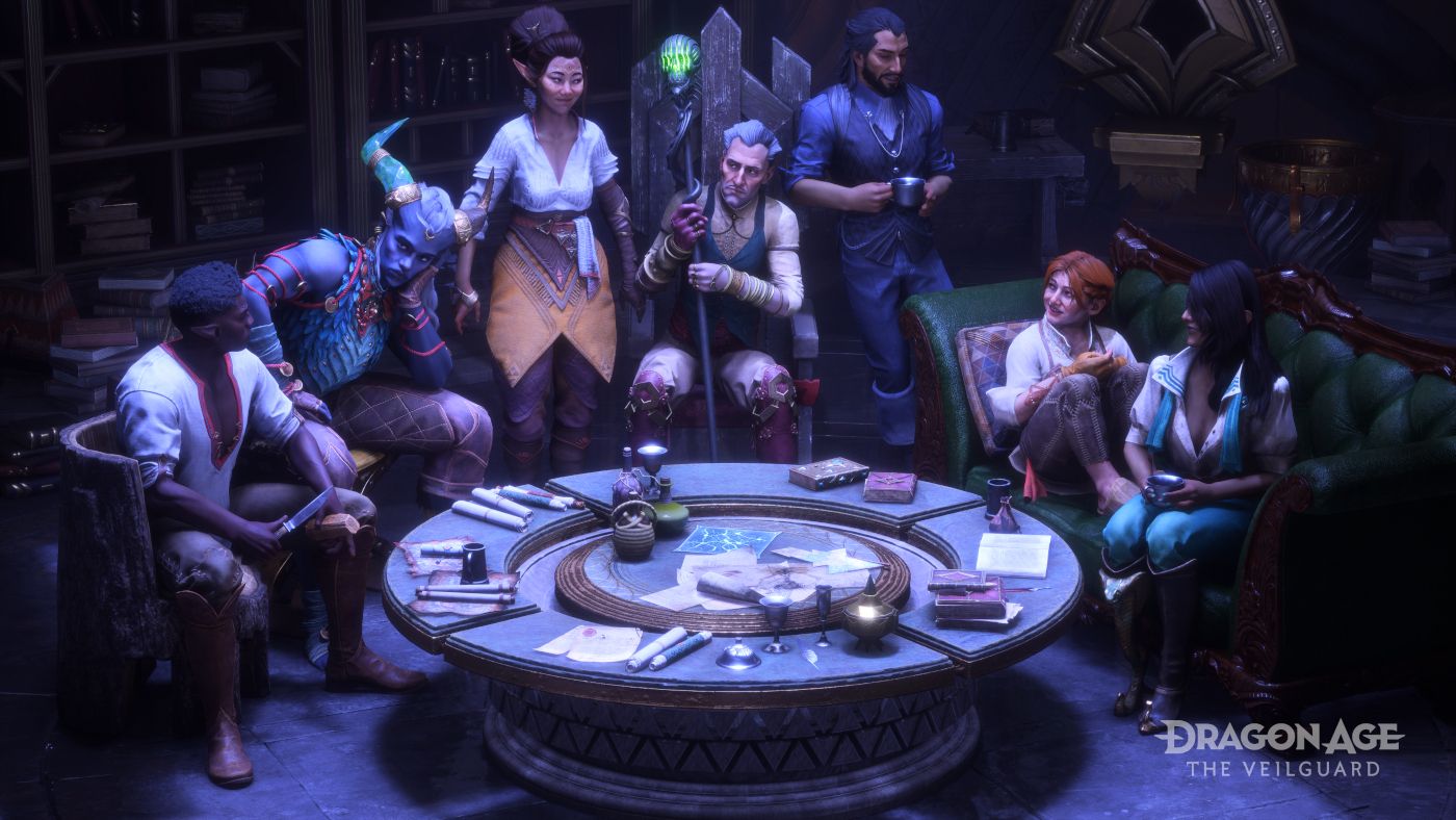 A Group Shot of All Companions Sitting At a Table in the Lighthouse in Dragon Age The Veilguard