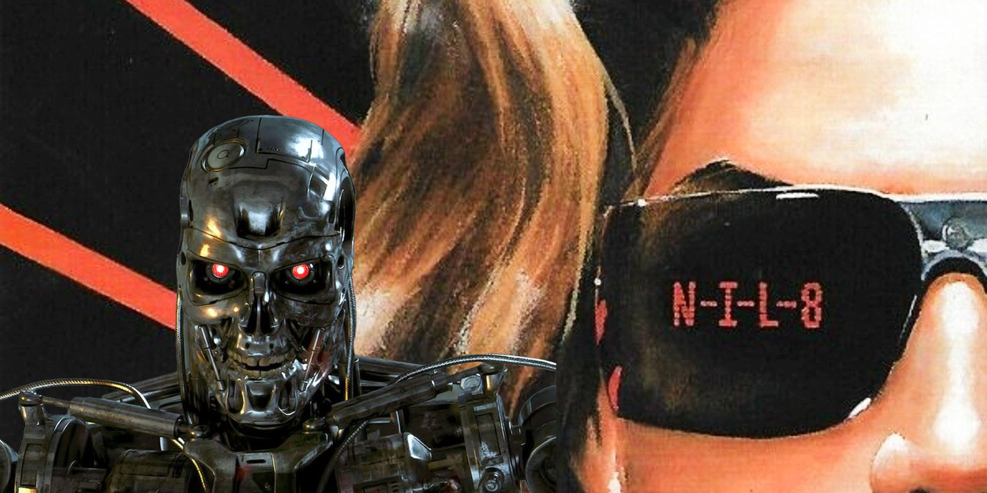 A live-action Terminator exoskeleton (left) and extreme close up of a female Terminator (right)