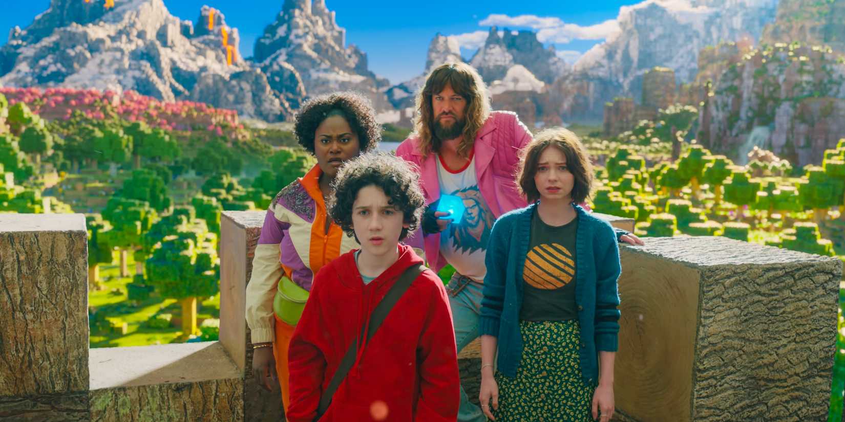 The group in the Minecraft world meets Steve in A Minecraft Movie