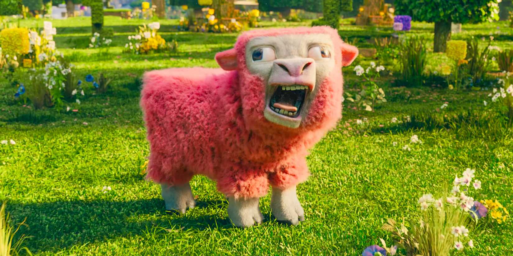 A pink sheep baaing in A Minecraft Movie