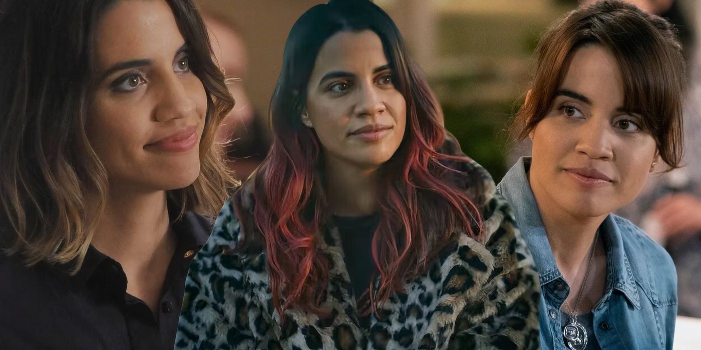 A collage of Natalie Morales in Abby's, Self Reliance, and Parks and Recreation